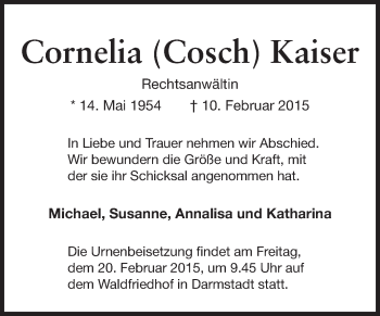 Traueranzeige von Cornelia Kaiser von Echo-Zeitungen (Gesamtausgabe)