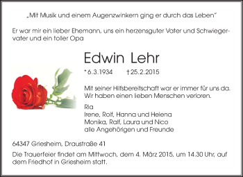 Traueranzeige von Edwin Lehr von Echo-Zeitungen (Gesamtausgabe)