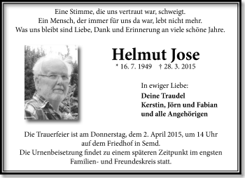 Traueranzeige von Helmut Jose von Echo-Zeitungen (Gesamtausgabe)