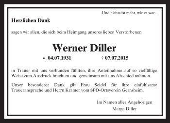 Traueranzeige von Werner Diller von trauer.echo-online.de
