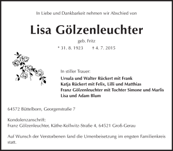 Traueranzeige von Lisa Gölzenleuchter von Rüsselsheimer Echo, Groß-Gerauer-Echo, Ried Echo