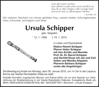 Traueranzeige von Ursula Schipper von Echo-Zeitungen (Gesamtausgabe)