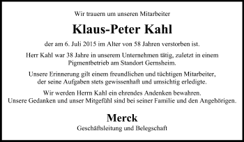 Traueranzeige von Klaus-Peter Kahl von Rüsselsheimer Echo, Groß-Gerauer-Echo, Ried Echo