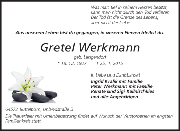 Traueranzeige von Gretel Werkmann von Rüsselsheimer Echo, Groß-Gerauer-Echo, Ried Echo
