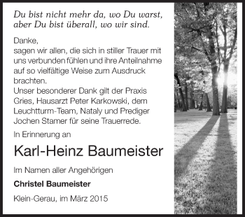 Traueranzeige von Karl-Heinz Baumeister von Rüsselsheimer Echo, Groß-Gerauer-Echo, Ried Echo