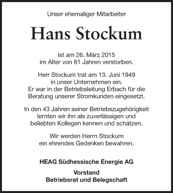 Traueranzeige von Hans Stockum von Echo-Zeitungen (Gesamtausgabe)