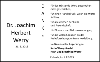 Traueranzeige von Joachim Herbert Werry von Odenwälder Echo