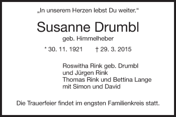 Traueranzeige von Susanne Drumbl von Echo-Zeitungen (Gesamtausgabe)