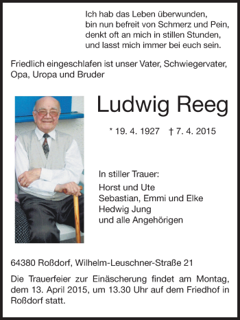 Traueranzeige von Ludwig Reeg von Echo-Zeitungen (Gesamtausgabe)