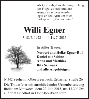 Traueranzeige von Willi Egner von Darmstädter Echo