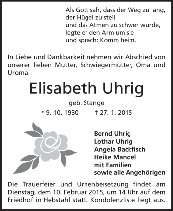 Traueranzeige von Elisabeth Uhrig von Odenwälder Echo