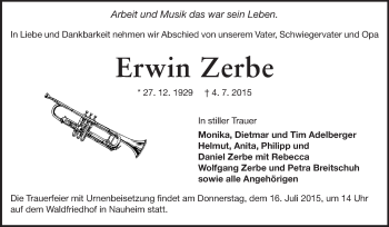 Traueranzeige von Erwin Zerbe von Rüsselsheimer Echo, Groß-Gerauer-Echo, Ried Echo