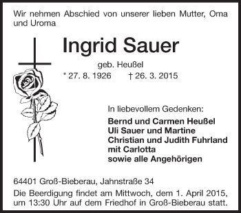 Traueranzeige von Ingrid Sauer von Echo-Zeitungen (Gesamtausgabe)