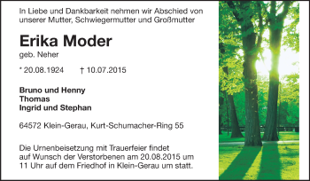 Traueranzeige von Erika Moder von Rüsselsheimer Echo, Groß-Gerauer-Echo, Ried Echo