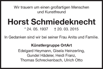 Traueranzeige von Horst Schmiedeknecht von Echo-Zeitungen (Gesamtausgabe)