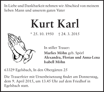 Traueranzeige von Kurt Karl von Echo-Zeitungen (Gesamtausgabe)