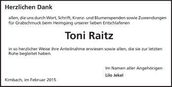 Traueranzeige von Toni Raitz von Odenwälder Echo