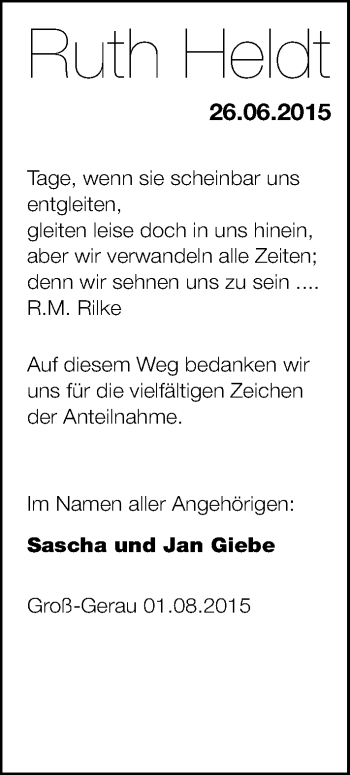 Traueranzeige von Ruth Heldt von trauer.echo-online.de