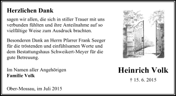 Traueranzeige von Heinrich Volk von Odenwälder Echo
