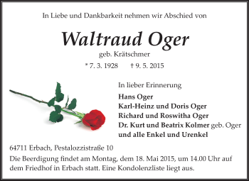 Traueranzeige von Waltraud Oger von Odenwälder Echo