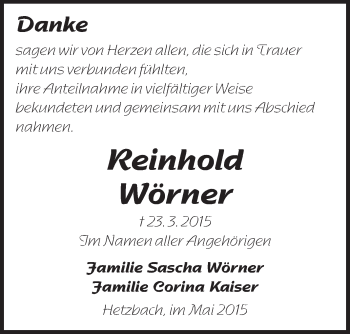 Traueranzeige von Reihold Wörner von Odenwälder Echo