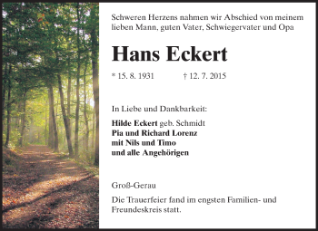 Traueranzeige von Hans Eckert von Rüsselsheimer Echo, Groß-Gerauer-Echo, Ried Echo