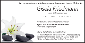 Traueranzeige von Gisela Friedmann von Rüsselsheimer Echo, Groß-Gerauer-Echo, Ried Echo