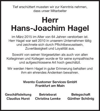Traueranzeige von Hans-Joachim Hagel von Echo-Zeitungen (Gesamtausgabe)