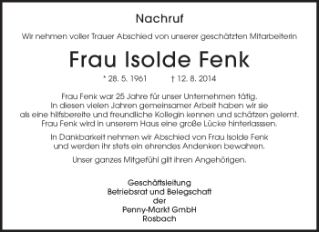 Traueranzeige von Isolde Fenk von Echo Zeitungen (Gesamtausgabe)