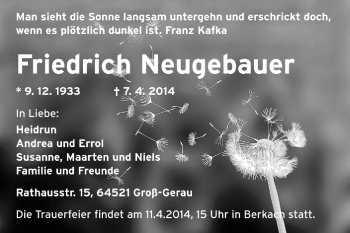 Traueranzeige von Friedrich Neugebauer von Darmstädter Echo