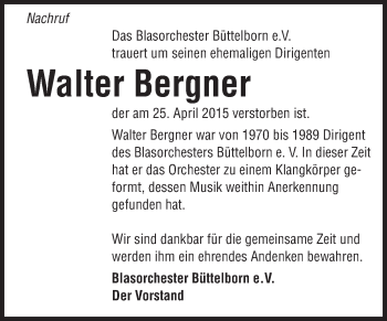 Traueranzeige von Walter Bergner von Rüsselsheimer Echo, Groß-Gerauer-Echo, Ried Echo