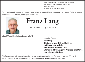 Traueranzeige von Franz Lang von Odenwälder Echo