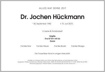 Traueranzeige von Jochen Hückmann von Echo-Zeitungen (Gesamtausgabe)