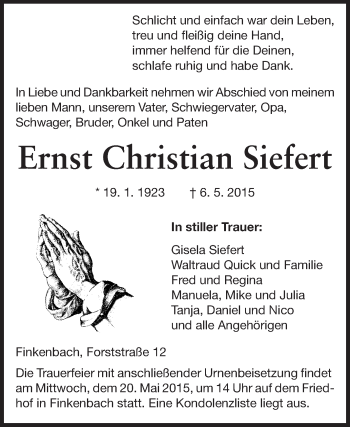 Traueranzeige von Ernst Christian Siefert von Odenwälder Echo