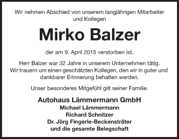 Traueranzeige von Mirko Balzer von Rüsselsheimer Echo, Groß-Gerauer-Echo, Ried Echo