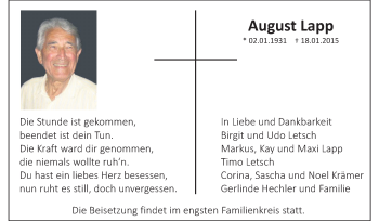 Traueranzeige von August Lapp von Rüsselsheimer Echo, Groß-Gerauer-Echo, Ried Echo