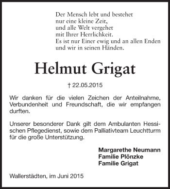 Traueranzeige von Helmut Grigat von Rüsselsheimer Echo, Groß-Gerauer-Echo, Ried Echo