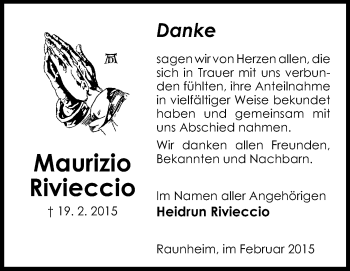 Traueranzeige von Maurizio Rivieccio von Rüsselsheimer Echo, Groß-Gerauer-Echo, Ried Echo