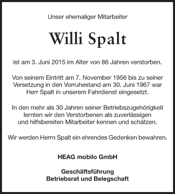Traueranzeige von Willi Spalt von Echo-Zeitungen (Gesamtausgabe)