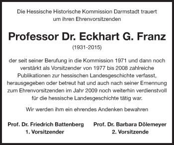 Traueranzeige von Eckhart Franz von Echo-Zeitungen (Gesamtausgabe)