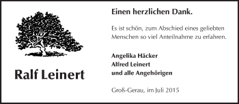 Traueranzeige von Ralf Leinert von Rüsselsheimer Echo, Groß-Gerauer-Echo, Ried Echo