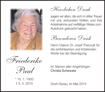 Traueranzeige von Friederike Paul von Rüsselsheimer Echo, Groß-Gerauer-Echo, Ried Echo