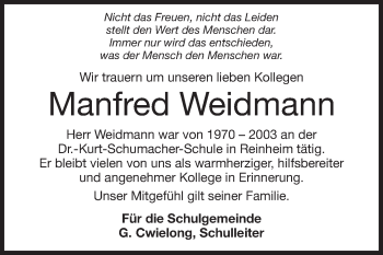 Traueranzeige von Manfred Weidmann von Echo-Zeitungen (Gesamtausgabe)