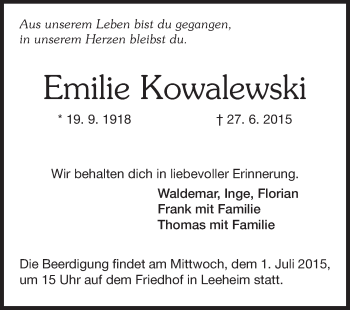 Traueranzeige von Emilie Kowalewski von Rüsselsheimer Echo, Groß-Gerauer-Echo, Ried Echo