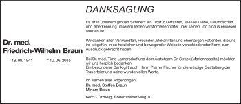 Traueranzeige von Friedrich Wilhelm Braun von Echo-Zeitungen (Gesamtausgabe)