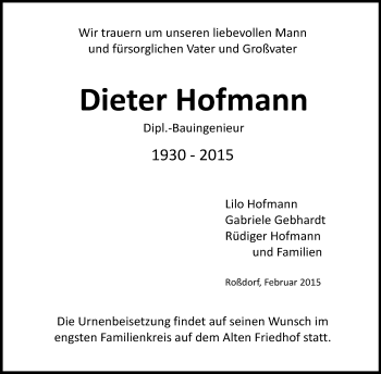 Traueranzeige von Dieter Hofmann von Echo-Zeitungen (Gesamtausgabe)