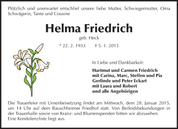 Traueranzeige von Helma Friedrich von Rüsselsheimer Echo, Groß-Gerauer-Echo, Ried Echo