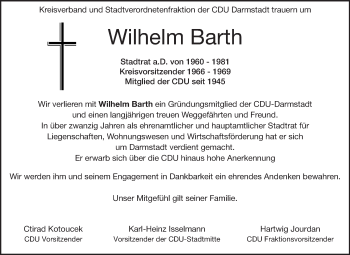 Traueranzeige von Wilhelm Barth von Echo-Zeitungen (Gesamtausgabe)