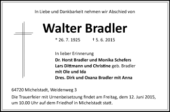 Traueranzeige von Walter Bradler von Odenwälder Echo