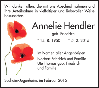 Traueranzeige von Annelle Hendler von Echo-Zeitungen (Gesamtausgabe)